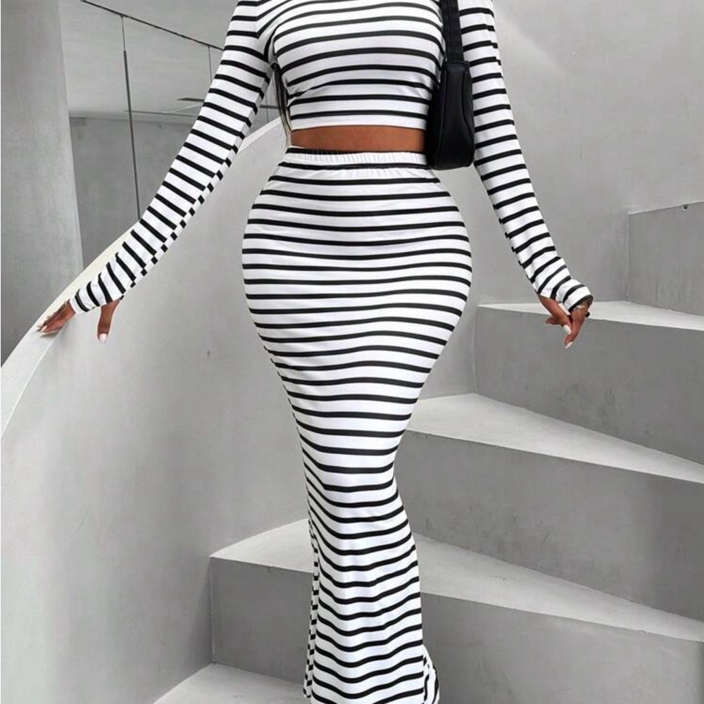 Striped Two-Piece Maxi Set - Black & White